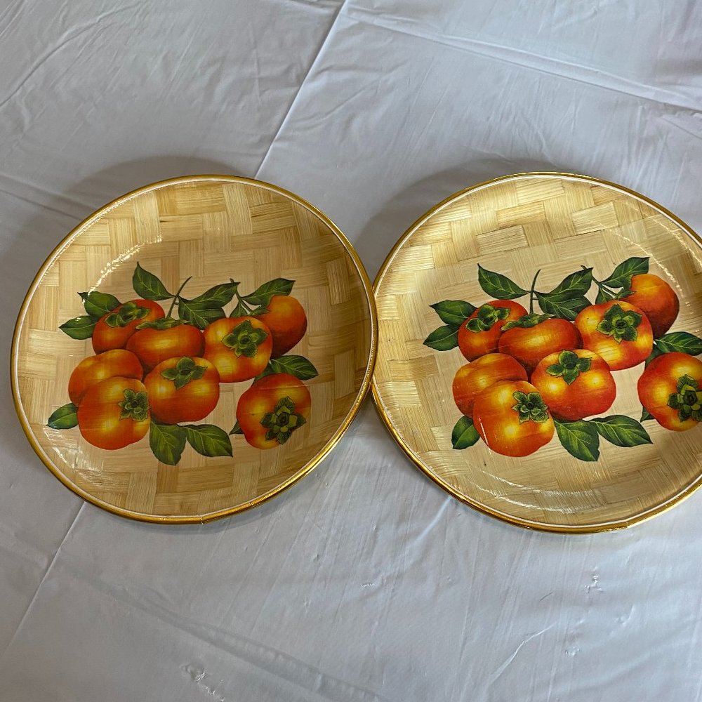Retro Bamboo Fruit Plates Gold Rimmed Set of 2 Vintage